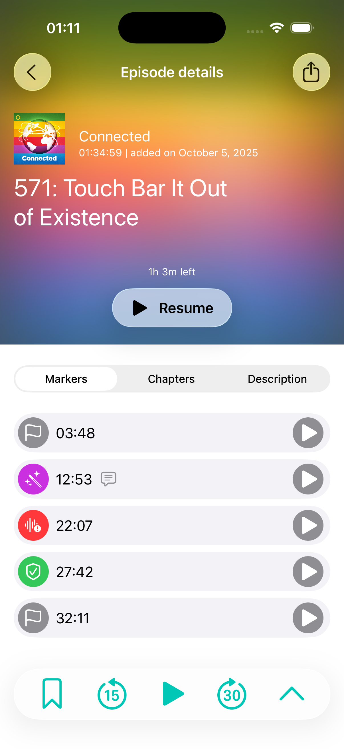Precast app screenshot showing the markers for an episode
