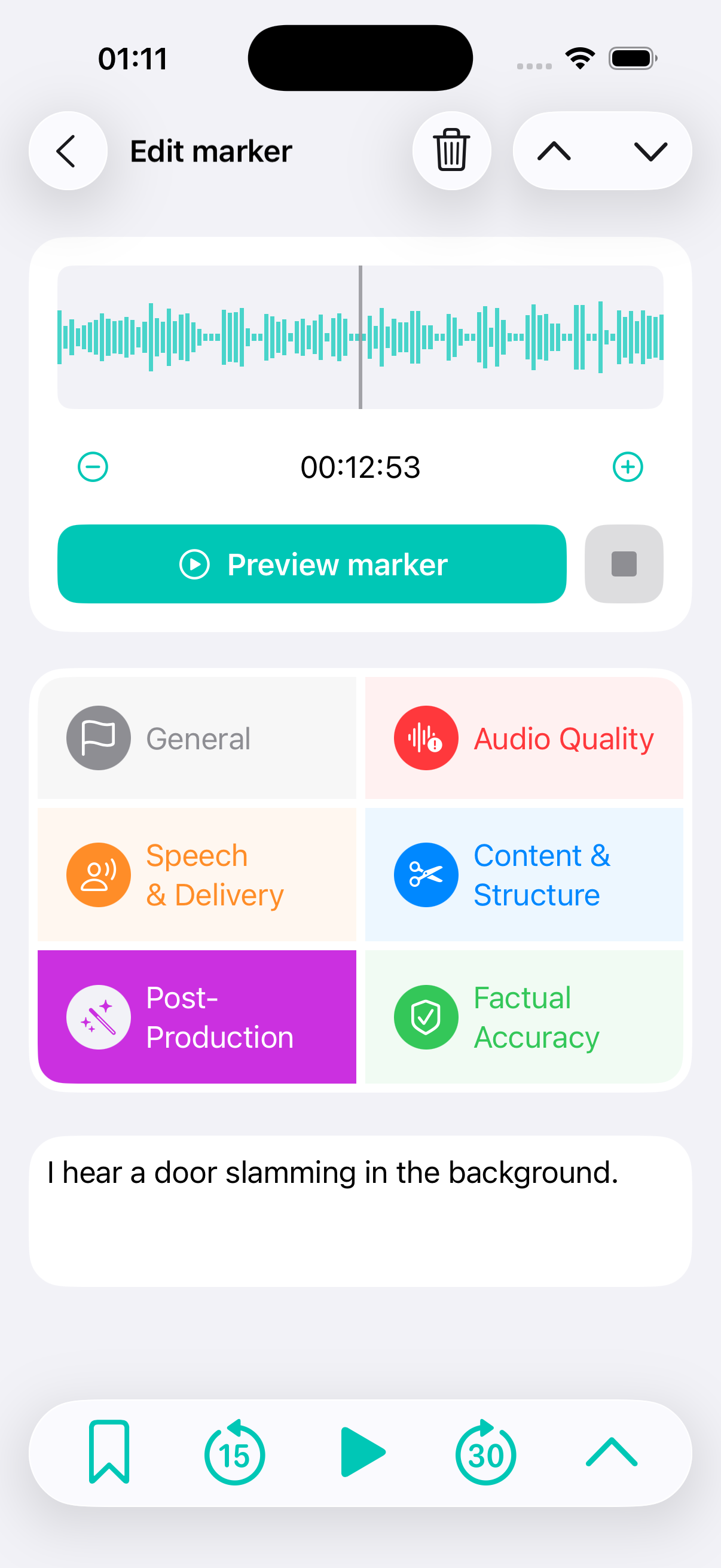 Precast app screenshot showing marker editing option